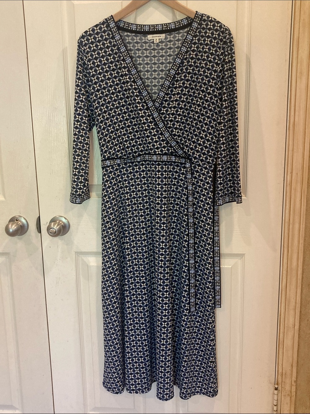 Max Studio Navy and White Geometric Wrap Midi Dress